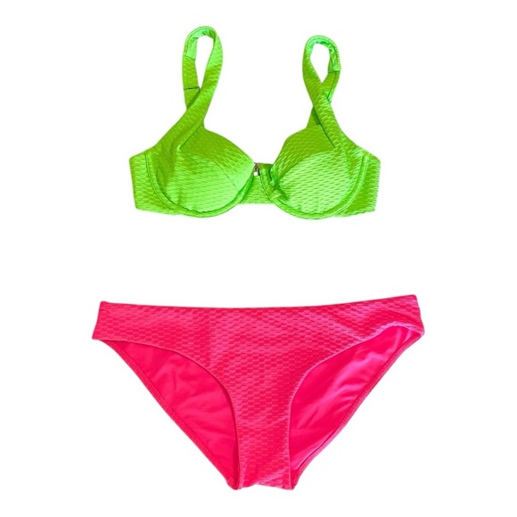 Vetchy Laguna Bikini Two Piece Swimsuit Neon Green Top Hot Pink Botton M/L - Picture 4 of 15